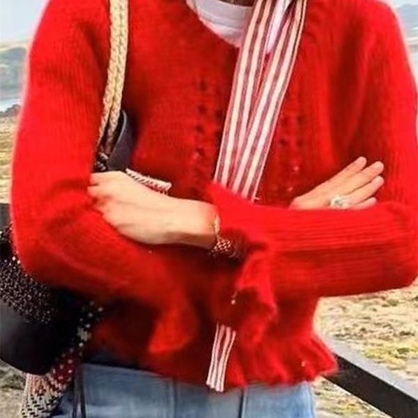 

women's knits tees knitted hollow out cardigan 202 autumn winter o neck long sleeve fashion ruffles sweaters femme vintage elegant swea, White