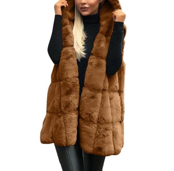 

casual winter thicken faux fur vest jacket women solid color hooded waistcoat fashion6961644, Black