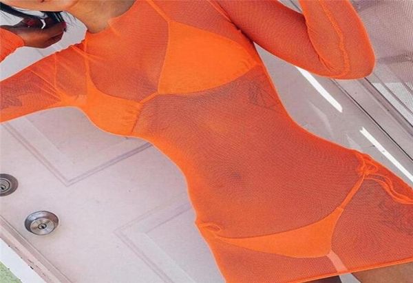 

casual dresses summer women swimwear cover up tshirt long sleeve net yarn perspective beach shirt blouse fishnet club dr1100083, Black;gray