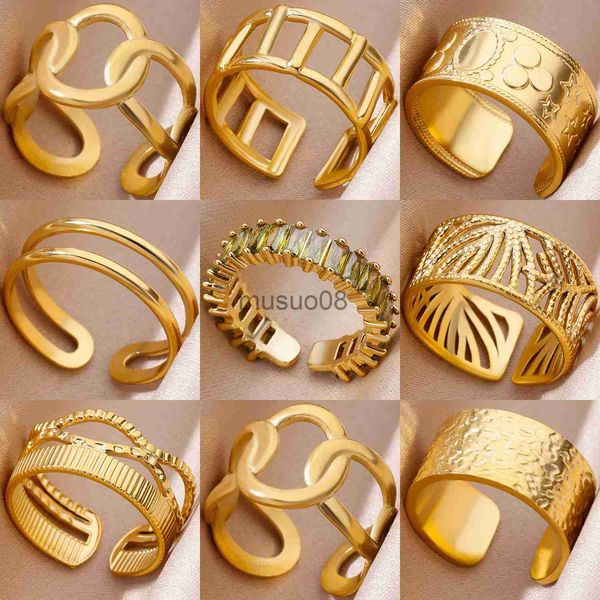 

band rings stainless steel rings for women 18k gold plated couple jewelry aesthetic accessorie adjustable punk embossed hollow wide ring j23, Silver