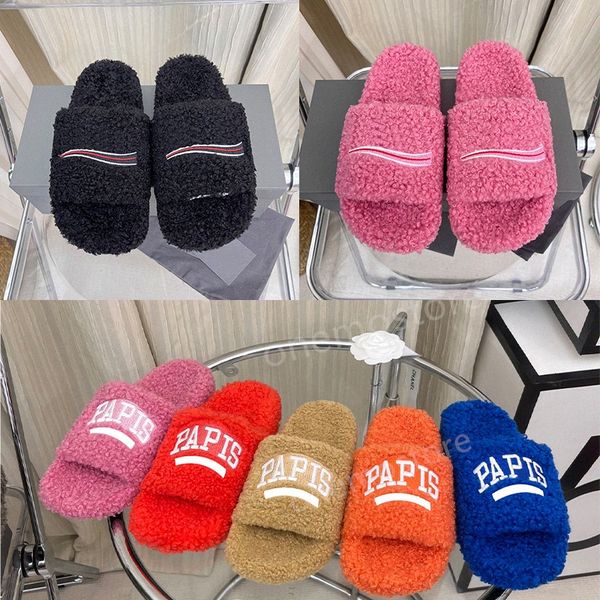 

designer luxury men women winter fur fluffy furry cotton slippers womens slippers ladies wool slides comfortable fuzzy girl flip flop slippe, Black