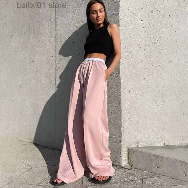 

women's pants capris 2022 casual elastic waist wide leg trousers office lady fashion loose gray pants for women elegant simple woman cl, Black;white