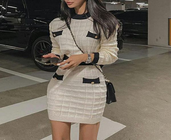 

ladies autumn and winter dress new style contrast stitching small fragrance wind jacket and hip skirt suit9956283, White