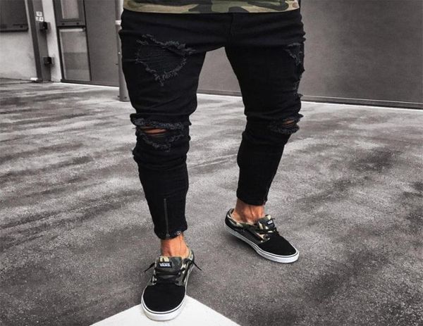 

mens cool designer brand black jeans skinny ripped destroyed stretch slim fit hop hop pants with holes for men2140816, Blue