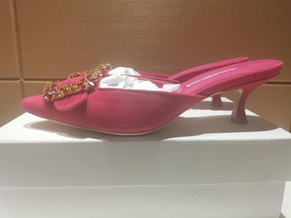 

5a mb5728240 slippers manloblanik hangismu satin jewel buckle .5cm heels slingback sandal mules discount desinger shoes for women size 34-4, Black