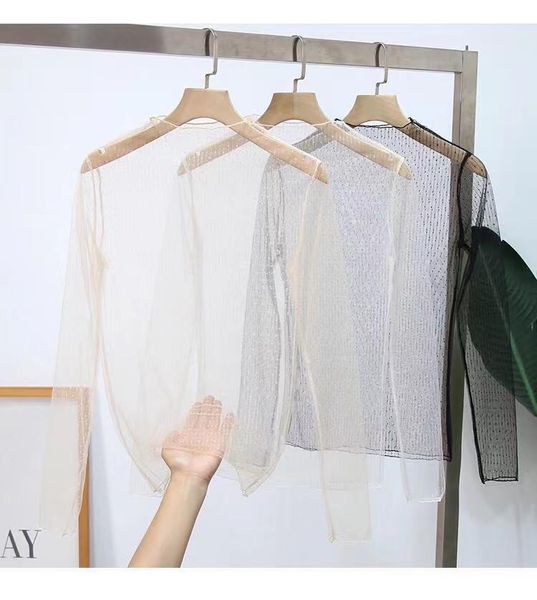 

women pullover mesh see through t-shirt tees tunic lace long sleeve, White