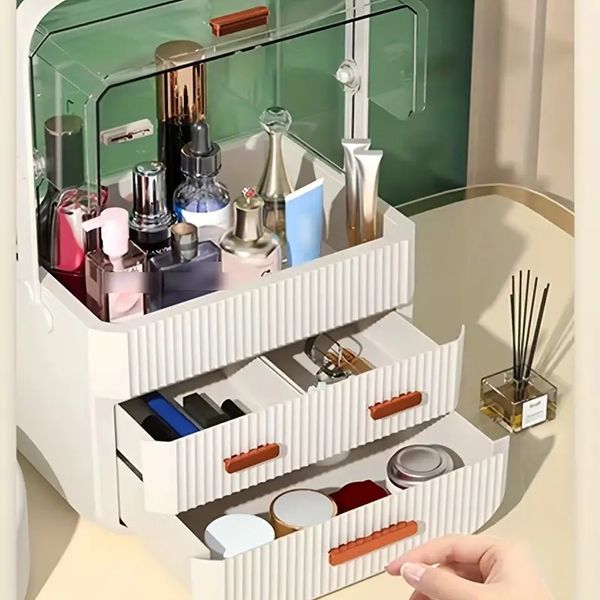 

1pc deskdustproof cosmetics storage box, large capacity dressing table skincare products storage rack, drawer type dustproof holder, white p