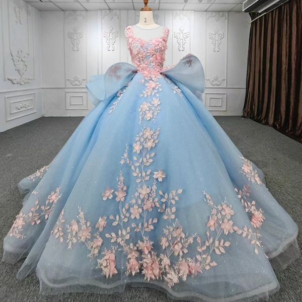 

sky blue shiny o-neck ball gown quinceanera dresses appliques 3dflower beads sleeveless corset princess vestidos de 15 anos, Blue;red