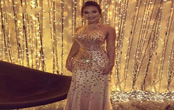 

luxury mermaid prom dresses champagne long evening dresses halter sparkling beaded crystal illusion neck birthday party gowns4453633, Black
