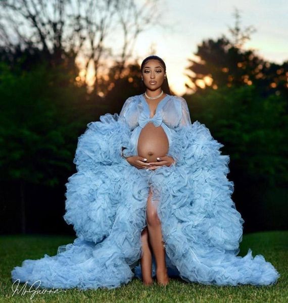 

2021 ruffles sky blue tulle kimono women evening dresses robe for poshoot puffy sleeves prom gowns african cape cloak maternity6802183, Black;red