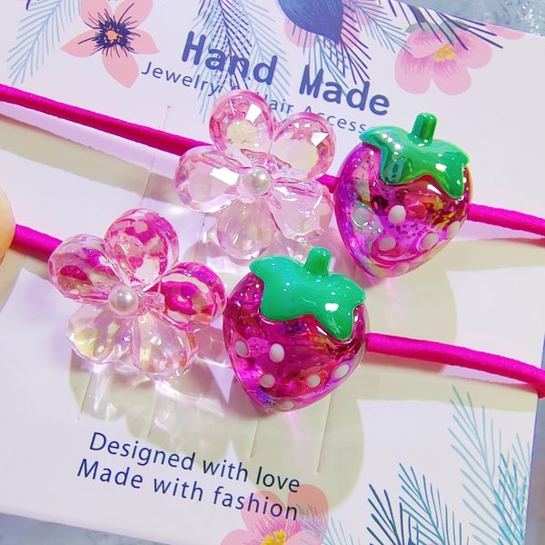 

30pcs 15pair new acrylic cartton crystal strawberry kids hair ropes elastic rubber women girls hairbands flower hair barrettes korean access, Slivery;white