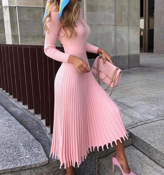 

casual dresses women sweater knitted dress pleated flare 2022 autumn winter pink long sleeve knit designer sweaters knitting midi 7039672, Black;gray