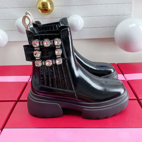

2023 women fashion ankle boots designer square buckle martin boots fashion patent leather platform short round toe chelsea boots short tube, Black