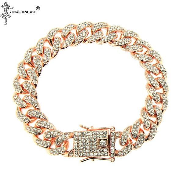 

slink miami 12mm rose gold cuban bracelet pink rhinestone alloy frozen hip hop fashion punk necklace jewelry3253133, Black
