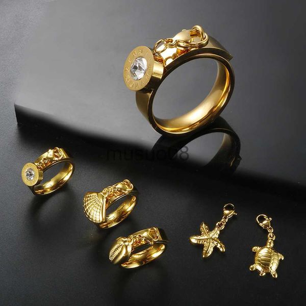 

band rings trend diy pendant ring for women girl starfish sea turtle shell scallop roman numeral crystal charm ring stainless steel jewelry, Silver