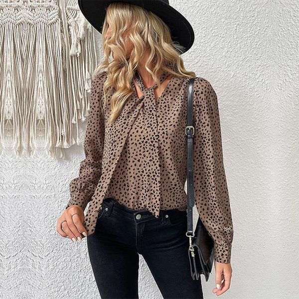 

autumn commuter t shirt long sleeved leopard pattern lace up for women, White