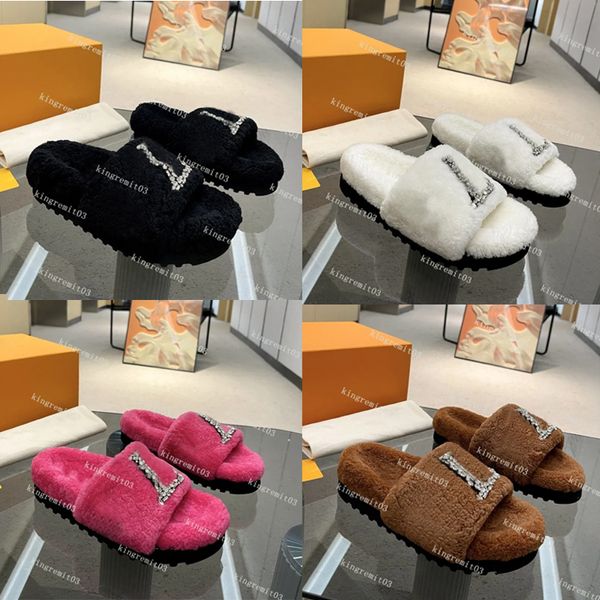 

PASEO FLAT COMFORT MULES Designer Fur Slippers Women Wool Slides Furry Fluffy Scuffs Fashion Letter Flip Flops Winter Indoor Sandals With Box
