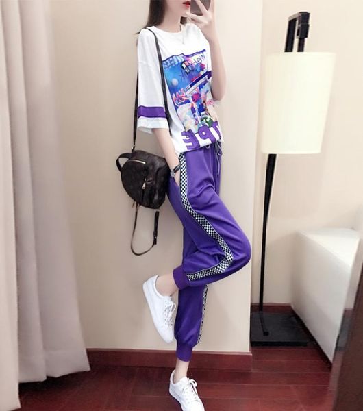 

summer new sports two piece set women spring summer korean loose fashion t shirt and pants casual twopiece set tracksuit women x01599860, Gray
