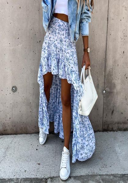 

women long skirt summer beach style floral printed high waist casual ins arrival bohemian asymmetrical 2206233435580, Black
