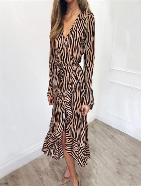 

summer long dresses 2019 women zebra print beach chiffon dress casual long sleeve v neck ruffles elegant party dress vestidos4707706, Black;gray