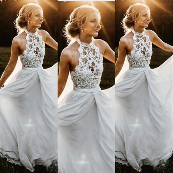 

2023 bohemian beach a line wedding dresses halter appliques lace chiffon sheer sweep train illusion backless long formal bridal gowns, White