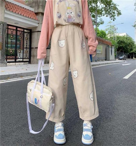 

japanese kawaii soft girl cute bear printing women pants basis wild high waist loose trousers elastic waist casual student pant 211001988, Black;white