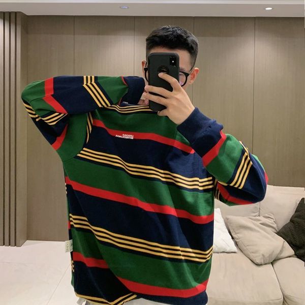 

men's hoodies sweatshirts spring and autumn fashion trend simple round neck stripe panel contrast loose relaxed korean versatile men&#0, Black