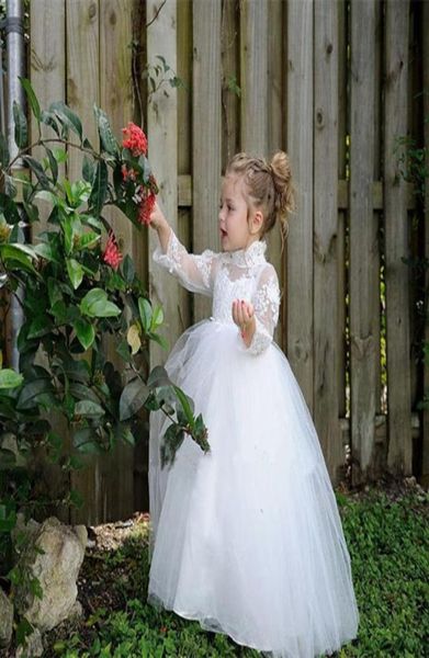 

lace white ivory sweety 2019 princess flower girl dresses high neck high neck illusion 34 long sleeve tulle tiered skirts birthda3621207, White;blue