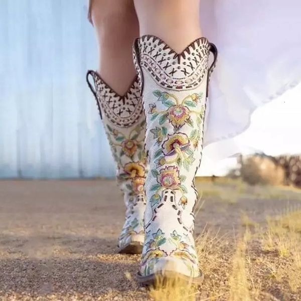 

boots women western boots fashion white chunky heels pointed toe embroidered slip on cowgirl boots knee high boots lady shoes 230816, Black
