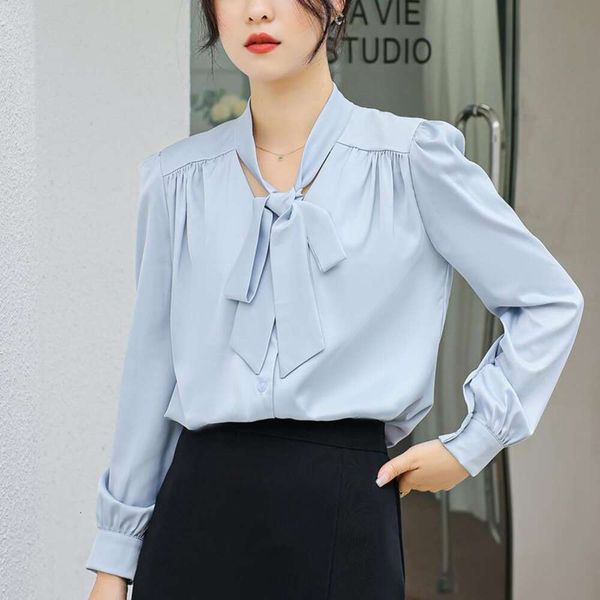 

french lace shirt blue womens spring and autumn satin blouse, White