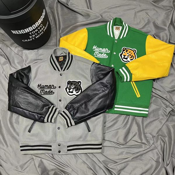 

human made jacket men women tiger embroidery leather sleeve contrast baseball coats varsity, Black;brown