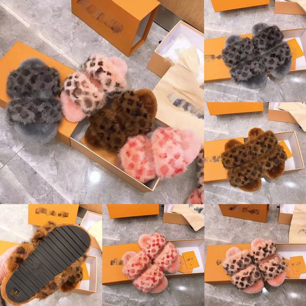 

designer slippers 2023 fur slides women sandals mink furry plush wool fuzzy paseo monograms flowers ladies luxury shoes women designers pink, Black