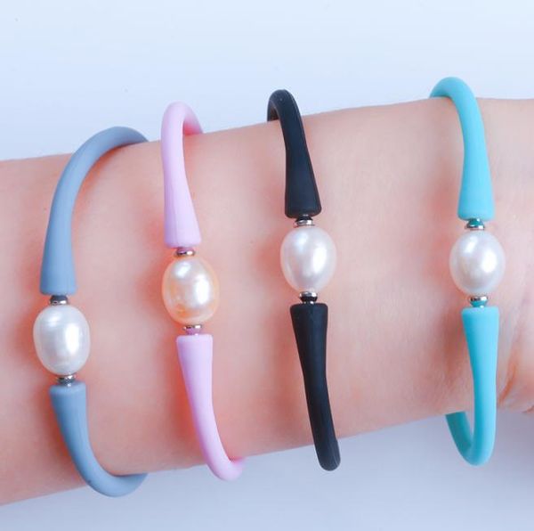

fashion colored replaceable white natural 10mm rice freshwater pearl silicone bracelet1656556, Black