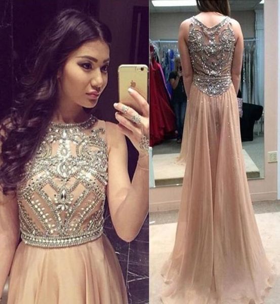

2018 alluring champagne long prom dresses scoop sleeveless crystal beaded chiffon floor length sparkly prom gowns evening dresses8664222, Black