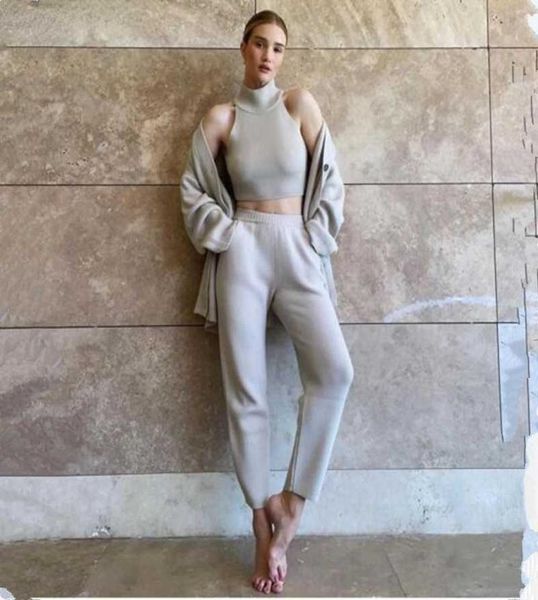 

women039s two piece pants autumn winter tracksuit women knitted cashmere blend turtleneck vest oversize cardigan pocket suits 36527951, White