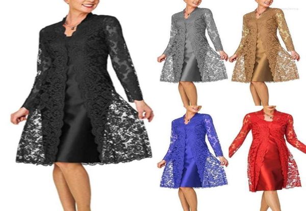 

casual dresses apparel 2pcs fashion bride mother wedding evening party midi dress hollow lace set8569249, Black;gray