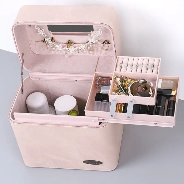 

multi layer makeup bag for women, pu travel toiletry bag, large cosmetic case, portable make up organizer, beauty storage bags for girls