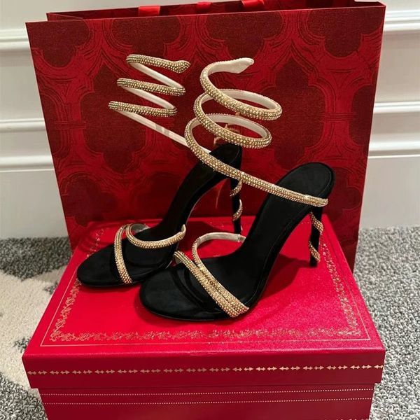 

rene caovilla margot embellished suede sandals snake strass stiletto heels women's high heeled luxury designers ankle wraparound evenin, Black