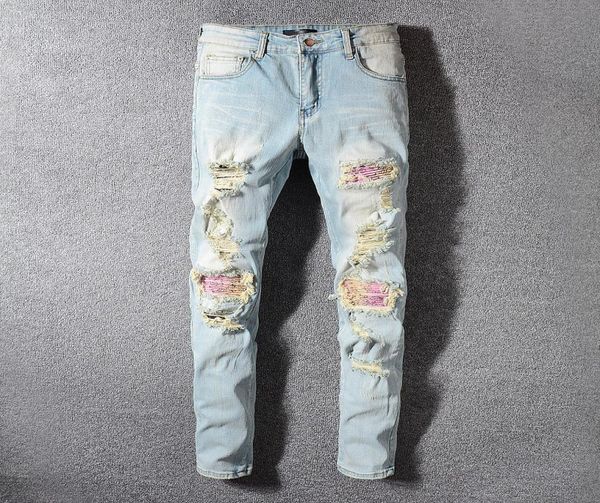 

men039s jeans retro light blue ripped jeans pink patch stitching slim pencil pants3071117