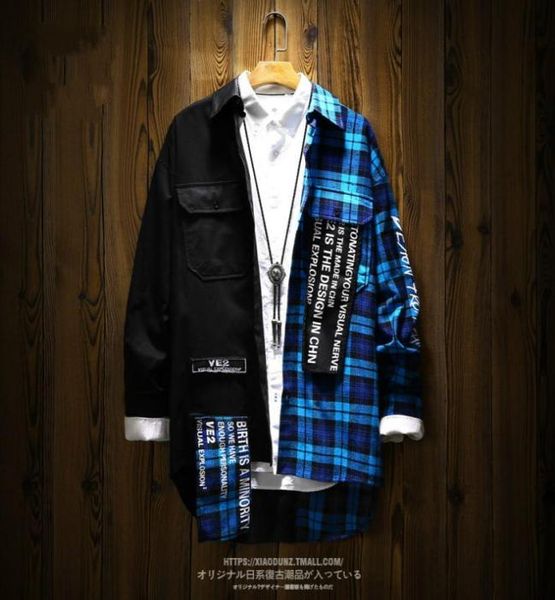 

shirts men ins hip hop patchwork plaid long sleeve shirt male japanese loose male long coat bf drop8681664, White;black