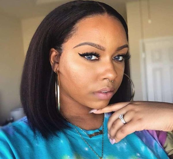 

yaki human hair wig short bob yaki straight lace front wigs with baby hair middle part peruvian lace wigs1466325, Black;brown