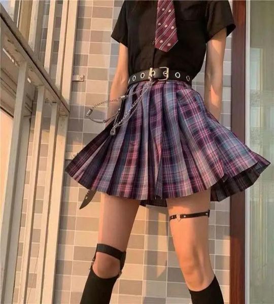 

women purple black gothic pleated plaid skirt summer high waist korea harajuku japanese cute mini aline skirts cosplay2751290