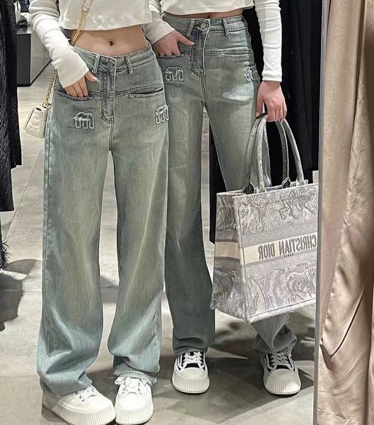 

summer fashion letter embroidery wash old simple casual versatile straight tencel jeans, Blue