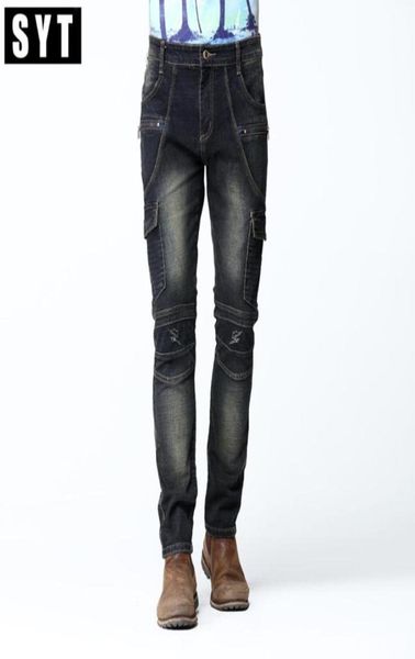 

syt brand new mens cargo jean pants dark wash and knee sewing detail slim skinny stretch jeans deep blue motorbike jean v7c1j008375819534