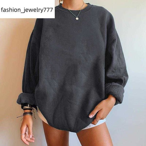 

autumn solid color women sweatshirt girl round neck long sleeve pullover oversize loose casual fall shoulder, Black