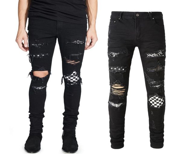 

worn out patchwork biker denim jeans man stretch slim fit012442590, Blue