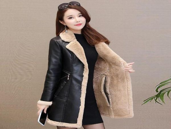 

leather women039s midlength autumn and winter new korean version of large size plus velvet thick pu leather windbreaker fur on5656176, Black