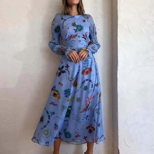 

australian designer dress early autumn graffiti print lantern sleeves bubble sleeve round neck open waist hollow fit dress, Black;gray
