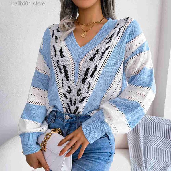 

women's sweaters ficusrong women autumn winter v neck contrast color leopard lantern sleeve knit sweater for ladies fashion all match, White;black
