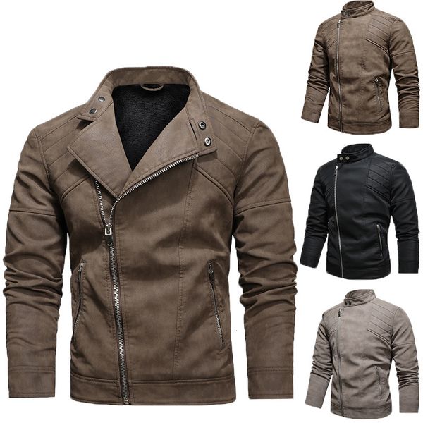 

men's jackets men's pu leather jacket with fleece lapel european size zip-up autumn/winter stand-up collar jacket 230816, Black;brown